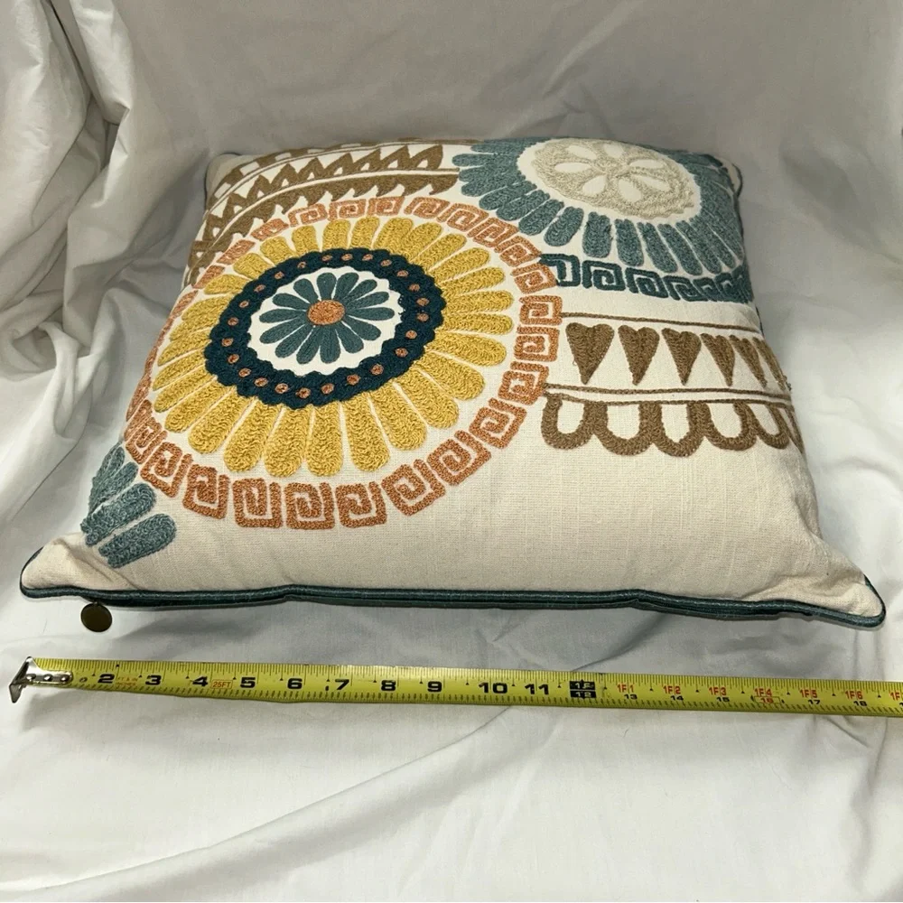 Pier 1 Embroidered Teal Ivory Yellow Tan Floral Boho Accent Pillow 18”